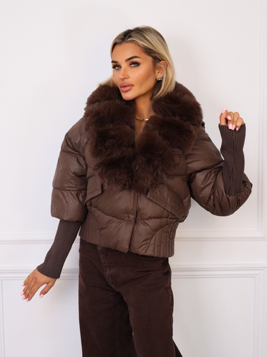 KURTKA KRÓTKA Z ODPINANYM FUTERKIEM- CZEKOLADOWA