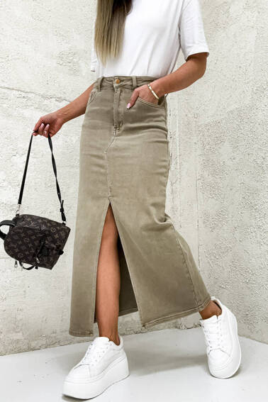 SPÓDNICA JEANSOWE MAXI Z ROZCIĘCIEM- BRĄZOWA