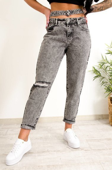 SZARE SPODNIE JEANSOWE MOM FIT Z WYCIECIEM W TALII