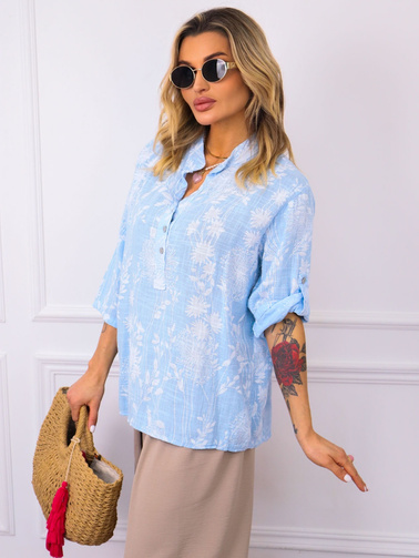 BLUZKA KOSZULOWA W KWIECISTE WZORY- NIEBIESKA