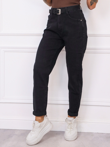 SPODNIE JEANSOWE PLUS SIZE MOM FIT Z PRZESZYCIAMI PRZY KIESZENIACH+ PASEK- CZARNE