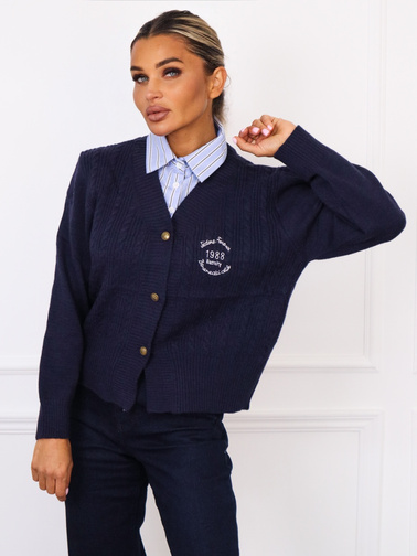 SWETER KARDIGAN Z WARKOCZOWYM SPLOTEM I KOSZULOWĄ WSTAWKĄ- GRANATOWY