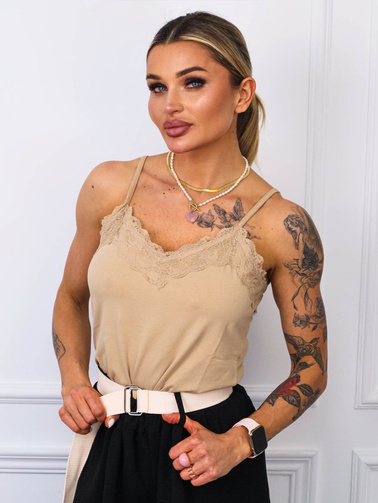 TOP NA RAMIĄCZKACH Z OZDOBNĄ KORONKĄ- BEŻOWY