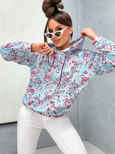 BLUZA Z KAPTUREM W KWIATOWY WZÓR- NIEBIESKA
