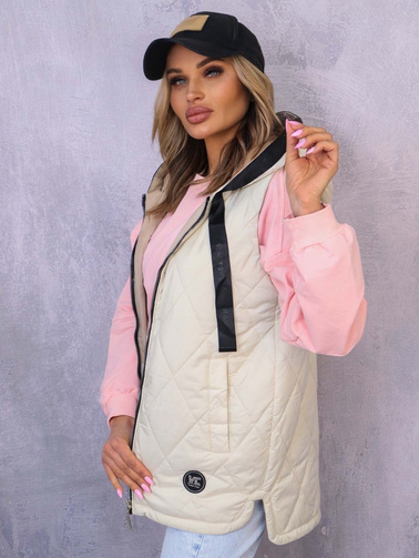 PIKOWANA KAMIZELKA ASYMETRYCZNA Z NASZYWKĄ- ECRU