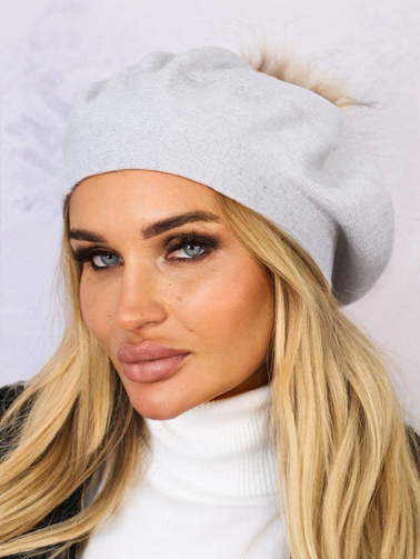 KLASYCZNY BERET DAMSKI Z POMPONEM- SZARY