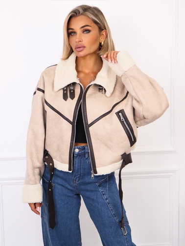 KURTKA ZIMOWA KOŻUSZEK Z PASKIEM NA DOLE- BEŻOWY