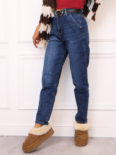 SPODNIE JEANSOWE MOM FIT Z NASZYWKĄ I WYSOKIM STANEM + PASEK- GRANATOWE