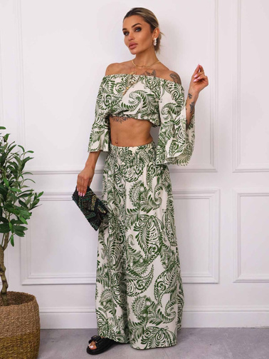 KOMPLET WZORZYSTY TOP+ SPODNIE- ZIELONY