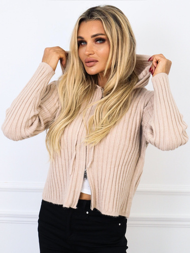 DZIANINOWA BLUZA W PRĄŻEK Z KAPUREM NA SUWAK- BRĄZOWA