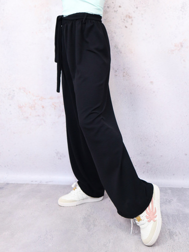 SPODNIE SZEROKIE Z GUMĄ I WIĄZANIEM W PASIE- CZARNE
