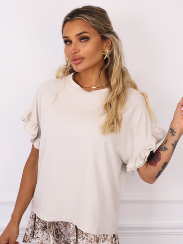 T-SHIRT OVERSIZE Z FALBANAMI NA RĘKAWACH- BEŻOWY