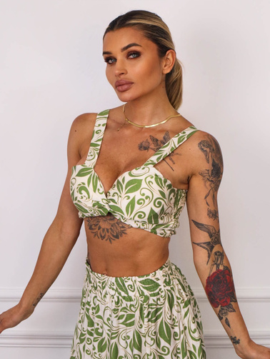 KOMPLET WZORZYSTY TOP+ SPÓDNICA Z ROZCIĘCIEM- ZIELONY