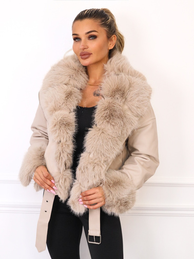 KURTKA RAMONESKA Z IMITACJI SKÓRY Z FUTERKIEM- BEŻOWA