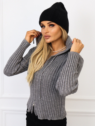 DZIANINOWA BLUZA W PRĄŻEK Z KAPUREM NA SUWAK- SZARA