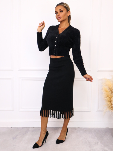 DZIANINOWA SPÓDNICA MIDI ZAKOŃCZONA FRĘDZLAMI- CZARNA