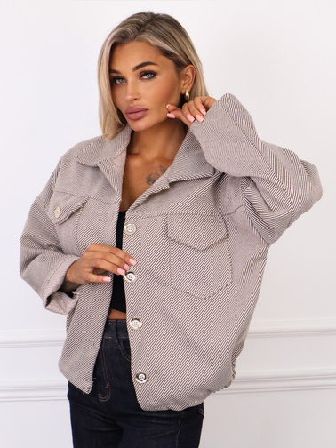 KURTKA OVERSIZE BEŻOWA W BRĄZOWE PASKI ZE ŚCIAGACZEM NA DOLE