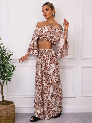 KOMPLET WZORZYSTY TOP+ SPODNIE- BRĄZOWY