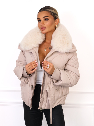 KURTKA Z FUTERKIEM NA KOŁNIERZU- BEŻOWA