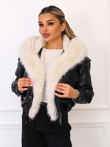 KURTKA Z IMITACJI SKÓRY Z OCIEPLENIEM I OZDOBNYM FUTERKIEM- CZARNA