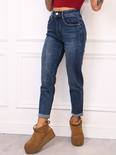 SPODNIE MOM FIT Z OZDOBNYM PRZESZYCIEM NA KIESZENI-GRANATOWE