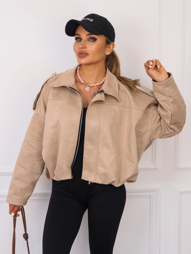 KURTKA OVERSIZE Z IMITACJI ZAMSZU ZAPINANA NA ZAMEK- BEŻOWA