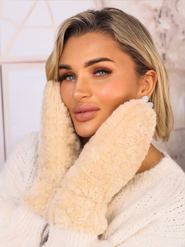 RĘKAWICZKI FUTRZANE NA JEDEN PALEC Z LOGIEM- BEŻOWE