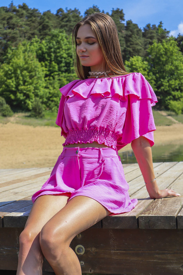 RÓŻOWY KOMPLET HISZPANKA + SPODENKI Z WYSOKIM STANEM