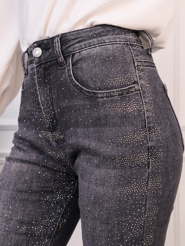 SPODNIE JEANSOWE MOM FIT ZDOBIONE CYRKONIAMI- SZARE