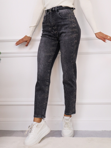 SPODNIE JEANSOWE MOM FIT ZDOBIONE CYRKONIAMI- SZARE