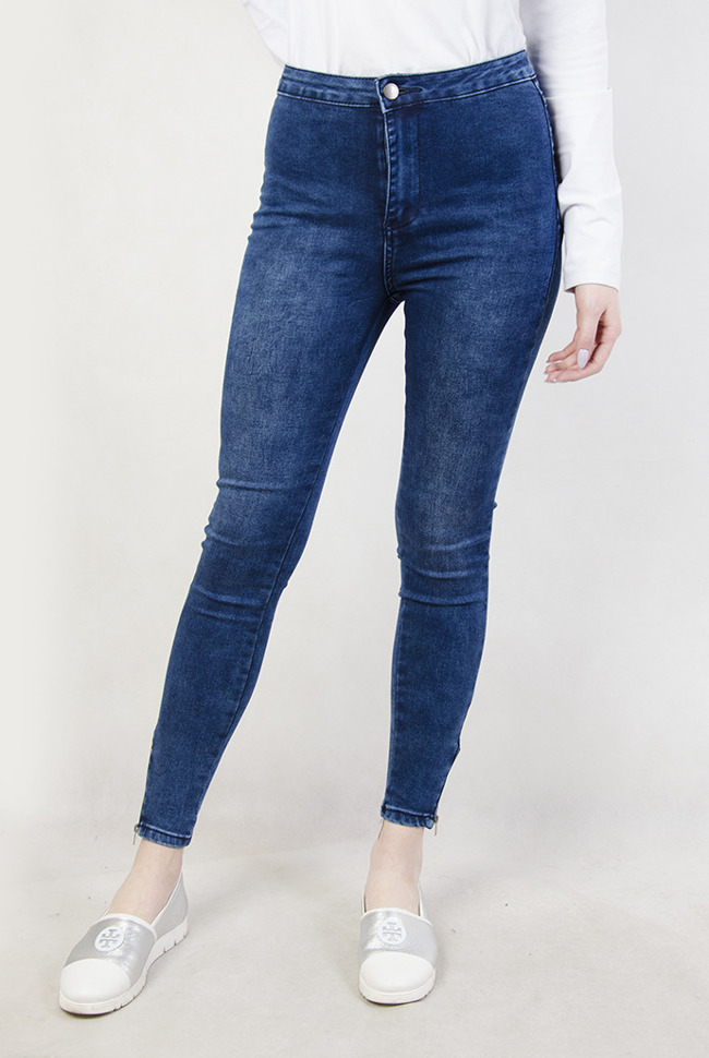 Ciemnoniebieskie skinny jeans z zamkami przy nogawce