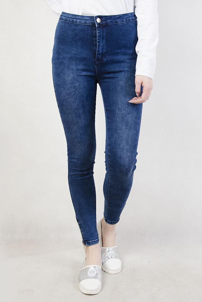 Ciemnoniebieskie skinny jeans z zamkami przy nogawce