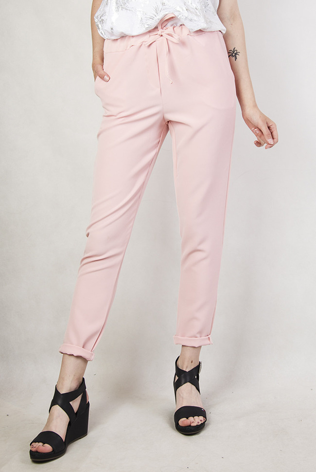 Różowe spodnie z wiązaniem, z lejącego materiału