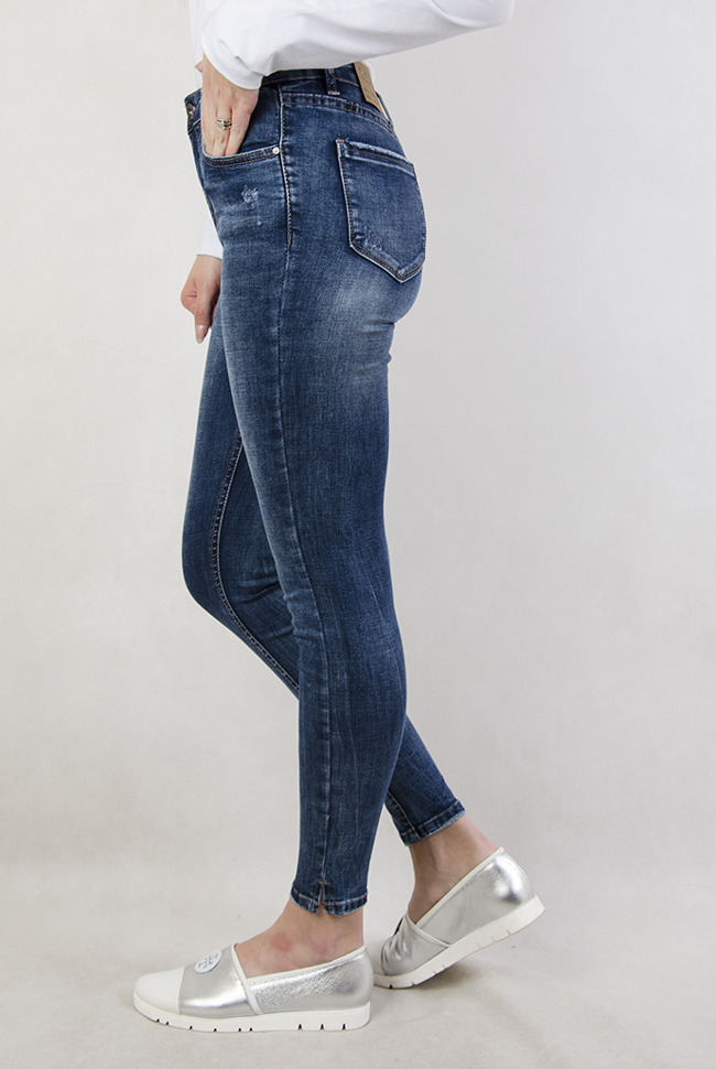 Spodnie jeansowe z wysokim stanem i rozcięciami przy nogawce