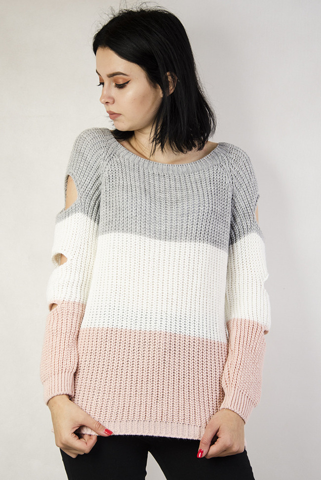 Szaro-biało-różowy sweterek z wycięciami
