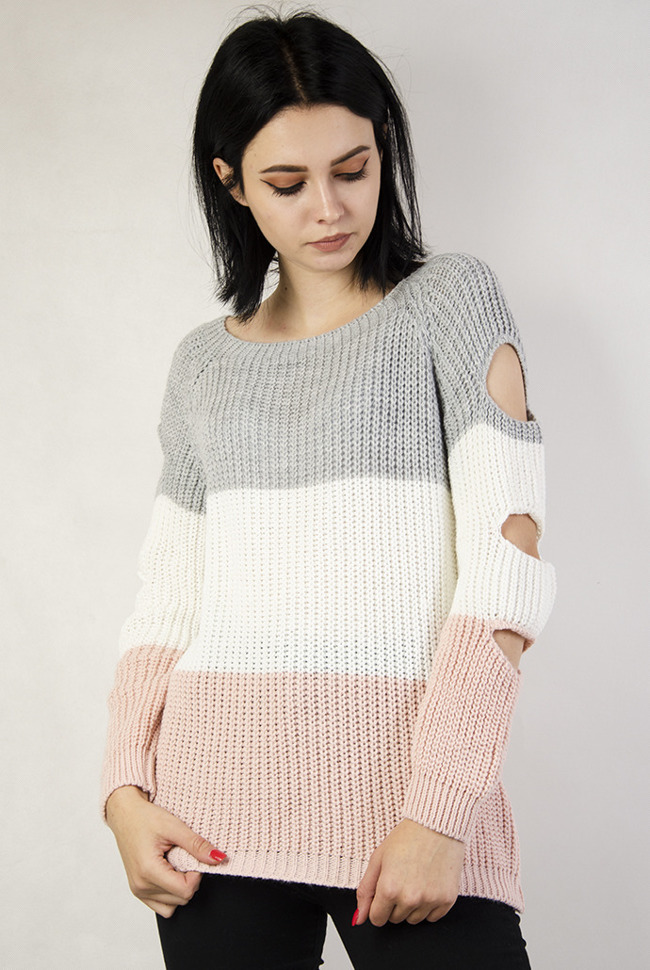 Szaro-biało-różowy sweterek z wycięciami